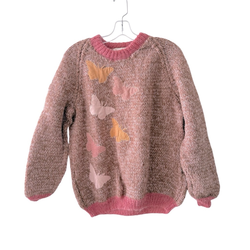 Handmade Vintage Pullover Sweater Cottagecore Whimsical Butterflies Dusty Rose